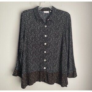Habitat Top Size Medium Polka Dot Blue Brown Button Up Lagenlook Boxy Boho Art